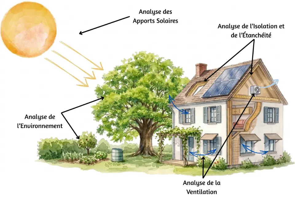 Schéma d'une conception bioclimatique de maison pour optimiser le confort d'été