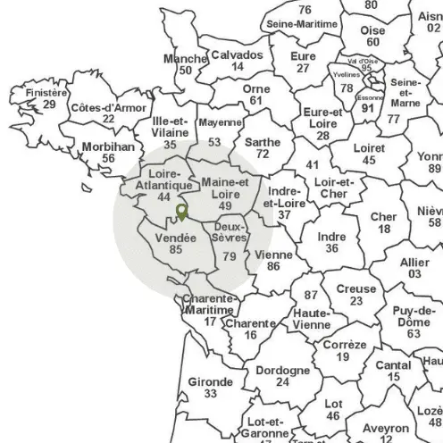 Carte de la zone d'intervention d'ECOSY en Vendée, Loire-Atlantique et Maine-et-Loire