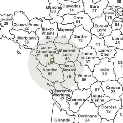 Carte de la zone d'intervention d'ECOSY en Vendée, Loire-Atlantique et Maine-et-Loire